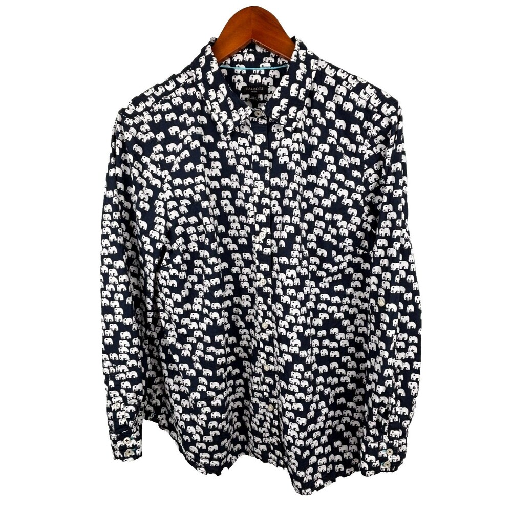 Talbots PXL Petite Button Up Navy Blue Elephant Print Cotton Shirt Top